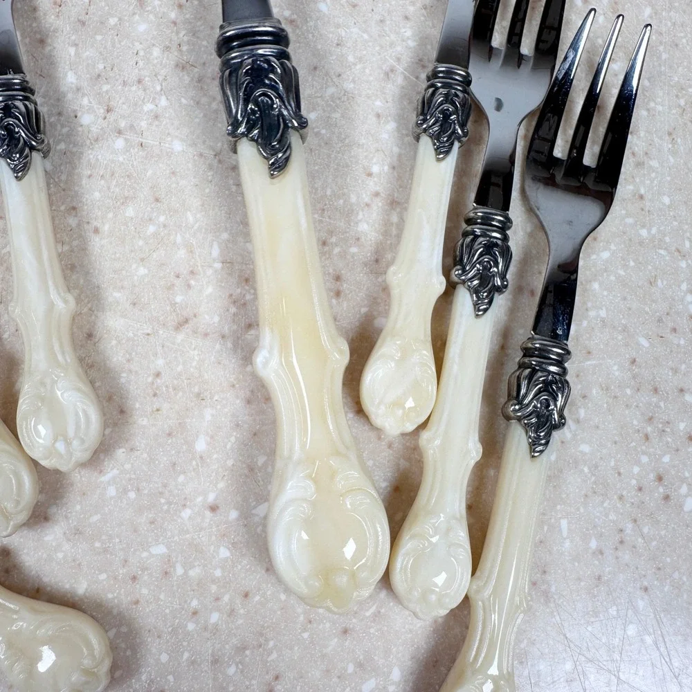 Inox 18/10 Italy Cream Faux Bone Handle Fish Serving Set‎ 6 Forks + Server